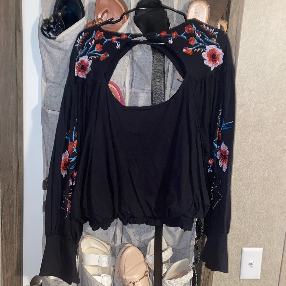 Free People Black Embroidered Keyhole top